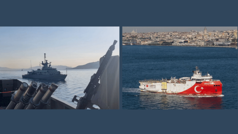 Από τις τελευταίες ελληνικές ασκήσεις στο Αιγαίο | Δεξιά, το τουρκικό ερευνητικό πλοίο «Ορουτς Ρέις»